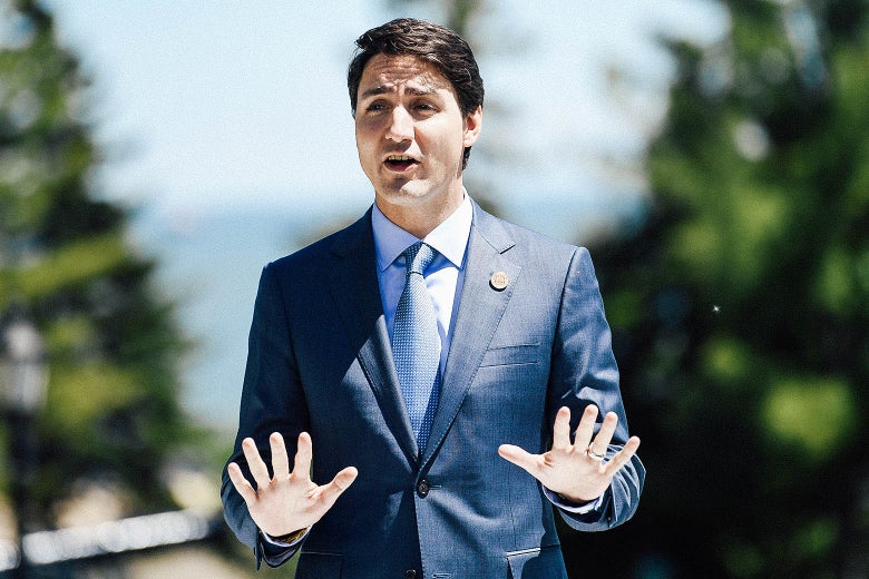 Canadian Prime Minister Justin Trudeau gestures on Day 2 of the G-7 Summit on June 9 in Quebec City, Canada.
